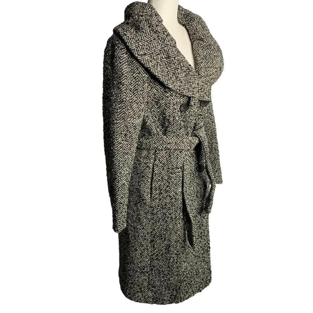Calvin Klein Tweed Wool Blend Coat 2 Black Grey Herringbone Pockets Tie Belt - Picture 4 of 7